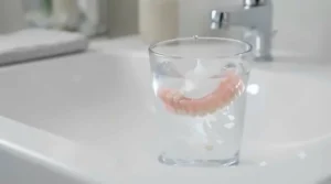 An illustrative demonstration of a denture submerged in a glass of water, highlighting the need for proper maintenance and fixatives.