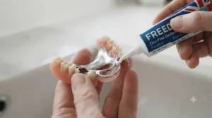 Close-up of a partial denture being secured with zinc-free fixative.