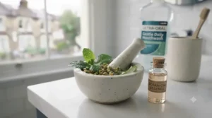 A shopping basket showing a budget-friendly mouthwash under £10 alongside other everyday British bathroom essentials.