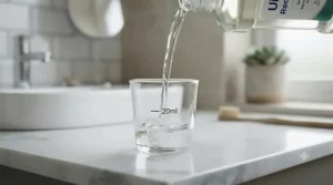 Clear, alcohol-free gentle mouthwash for receding gums being poured into a rinsing cup.