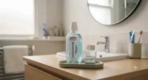 Bottle of alcohol-free mouthwash for sensitive gums on a bathroom shelf, designed for gentle oral care.