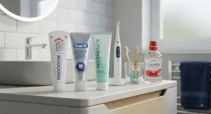 Selection of British dental healthcare products and toothpaste for gum recession available in UK pharmacies.
