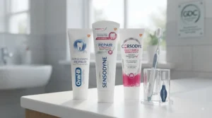 A selection of UK fluoride toothpastes formulated for sensitive teeth and gum care.