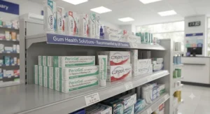 Over-the-counter gum disease treatment gel stocked on a British high-street pharmacy shelf.