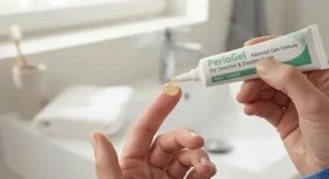 Demonstrating the pea-sized application of a soothing gum health gel during a product trial.