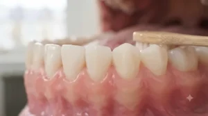 Close-up of healthy gums and teeth, demonstrating the clinical benefits of using specialist periodontal toothpaste.