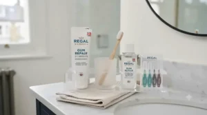 A complete daily oral hygiene routine featuring interdental brushes, mouthwash, and specialist gum repair toothpaste.