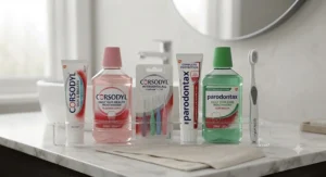 Complete daily oral care kit featuring toothpaste, interdental brushes, and mouthwash recommended for UK households managing gum health.