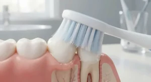 Step-by-step graphic demonstrating the gentle toothbrushing technique recommended by UK dentists to prevent further gum recession.