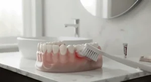 Illustration of a soft-bristled toothbrush angled at 45 degrees towards the gum line to help prevent bleeding gums.