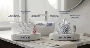 Bottle of Corsodyl daily or treatment mouthwash next to a glass, illustrating short-term management for swollen or bleeding gums.