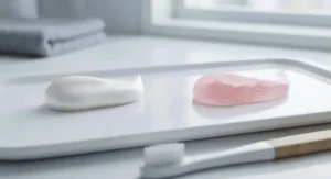 A photorealistic macro close-up focusing on healthy gingival margins and a tooth. A thin bead of pink Corsodyl Daily Gum Care toothpaste is applied along the gum line, emphasising its use for stopping and preventing bleeding gums.