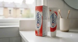 Close-up of the Corsodyl original toothpaste outer packaging highlighting its active ingredients for bleeding gums.