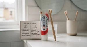 A checklist pad showing pros and cons next to a tube of Corsodyl toothpaste summarising its effectiveness.