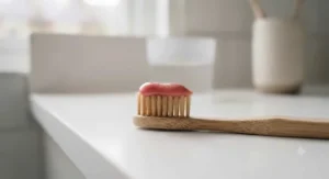 A pea-sized amount of pink Corsodyl toothpaste squeezed onto soft-bristled toothbrush bristles.
