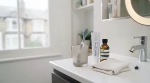 Cost-effective gum stimulator displayed neatly on a modern UK bathroom shelf alongside toothpaste.