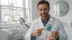 Step-by-step graphic demonstrating how to rinse with a mild daily mouthwash for fresh breath.