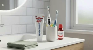 Daily oral hygiene routine tools including toothpaste for gum recession, interdental brushes, and a soft-bristled toothbrush.