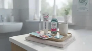 Daily dental routine flat lay featuring interdental brushes, mouthwash, and an extra soft toothbrush.