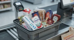 A photorealistic, warmly lit morning scene in a British bathroom. Sensodyne Repair and Protect and Corsodyl Daily Gum Care toothpaste tubes are positioned on a marble shelf next to a toothbrush holder with bamboo toothbrushes, ready for daily use.