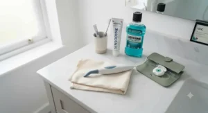 Flat lay of a British bathroom sink displaying a rubber tip stimulator, toothpaste, and mouthwash.