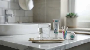 Daily oral hygiene routine including a gentle mouthwash for receding gums and soft toothbrush.