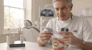 A British dentist recommending a high-quality soft bristle toothbrush priced under £15 for oral health.