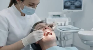 UK dentist examining a patient's teeth and gums during a routine check-up at a dental clinic.