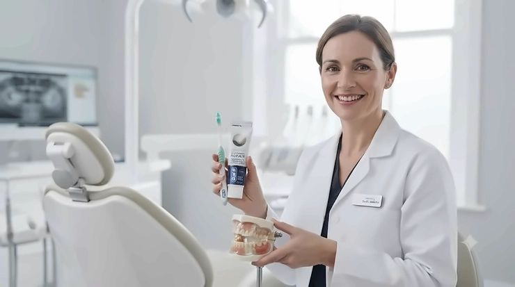 A British dentist smiling while recommending a daily toothbrush and toothpaste regimen for patients experiencing gum recession. toothbrush and toothpaste set for gum recession