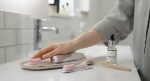 Smiling British user incorporating a daily electric gum massager routine alongside brushing and flossing.