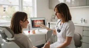 A British dentist discussing oral health and gum bleeding prevention with a patient in a modern dental clinic.