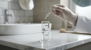 British dentist recommending a gentle mouthwash for receding gums during a dental check-up.