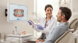 A dental professional discussing gum care and demonstrating proper toothbrush use with a patient.