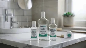 Recyclable bottle of gentle mouthwash for receding gums with sustainable packaging.