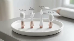 A selection of four distinct, interchangeable silicone attachment heads (brush, nodule, point, pad) for an electric gum massager, arranged neatly on a minimalist white ceramic tray.
