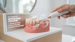 A detailed close-up diagram of a human gum model, showing improved blood circulation in the tissue highlighted in red, stimulated by the tip of an electric gum massager.