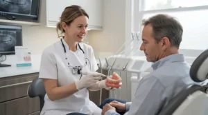 A female dentist, wearing a white tunic and loupes, smiling and explaining the use of the electric gum massager to an attentive male patient using a large anatomical jaw model in a modern UK dental surgery.