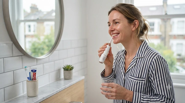 A smiling woman in a striped pyjama top using a white and rose-gold electric gum massager on her gumline in a modern British bathroom with white metro tiles. electric gum massager