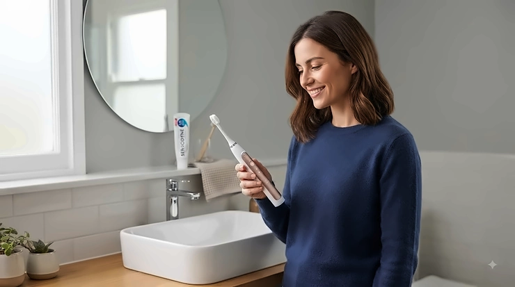A soft-bristled electric toothbrush designed for sensitive receding gums resting on a clean bathroom shelf. electric toothbrush for sensitive receding gums