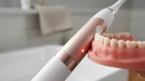 Close-up of an electric toothbrush handle showing a red warning light activated by brushing too hard.