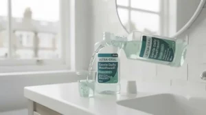 A family bathroom setup featuring a mild, family-safe mouthwash suitable for older children and adults.