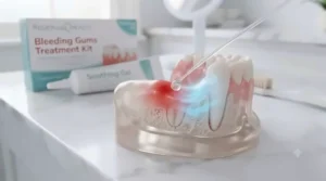 Infographic illustration showing the soothing action of a bleeding gums treatment kit reducing inflammation and irritation.