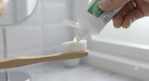 Close-up of specialist fluoride toothpaste being squeezed onto a toothbrush for daily enamel and gum care.