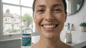 Pouring a clear, gentle alcohol-free mouthwash into a small glass cup during a morning routine.