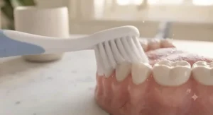 Illustration showing how a soft bristle toothbrush protects sensitive gums while cleaning effectively.