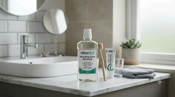 Gentle mouthwash for receding gums on a bathroom shelf, designed for sensitive teeth and gum care. gentle mouthwash for receding gums