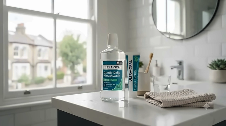 A bottle of gentle mouthwash under £10 displayed neatly on a modern British bathroom sink, ideal for daily sensitive oral care. gentle mouthwash under £10