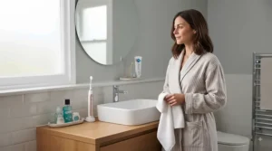 Bright, modern British bathroom setting featuring daily oral hygiene products for sensitive teeth and gums.
