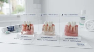 Informational graphic illustrating the improvement of gum health over time when using a dedicated gum recession care set.