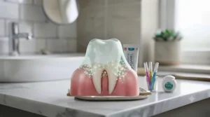 Medical illustration showing how a gentle mouthwash protects vulnerable receding gum lines.